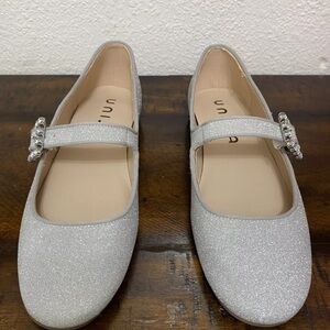Unisa Womens Flat Shoes Silver Glitter, Strap With Rhinestone Buckle